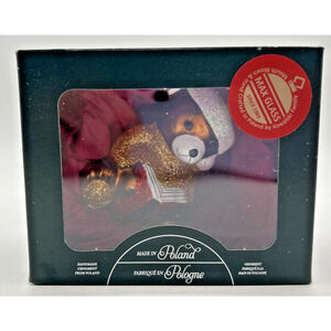 Max Glass Teddy Bear with Book Blown Glass Christmas Ornament U255